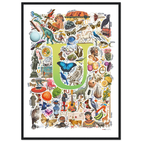 "U is for Unique" — a Renard Roux alphabet poster with English U words (chartreuse version)