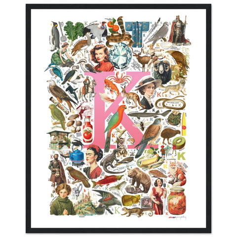 "K is for Keen" — a Renard Roux alphabet poster with English K words (pink version)