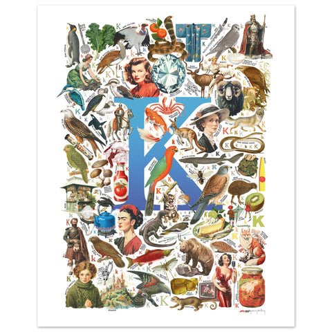 "K is for Keen" — a Renard Roux alphabet poster with English K words (blue version)