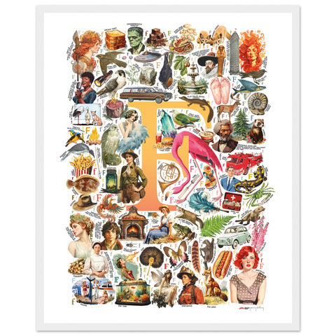 "F is for Festive" — a Renard Roux alphabet poster with English F words (yellow version)