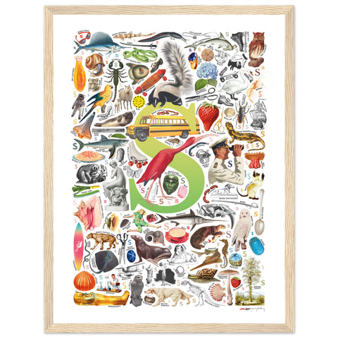 "S is for Surprise" — a Renard Roux alphabet poster with English S words (chartreuse version)