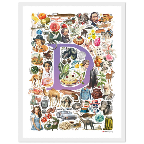 "D is for Discovery" — a Renard Roux alphabet poster with English D words (purple version)
