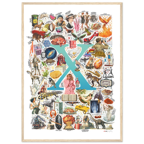 "X is for Xanadu" — a Renard Roux alphabet poster with English X words (turquoise version)