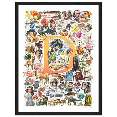"D is for Discovery" — a Renard Roux alphabet poster with English D words (yellow version)