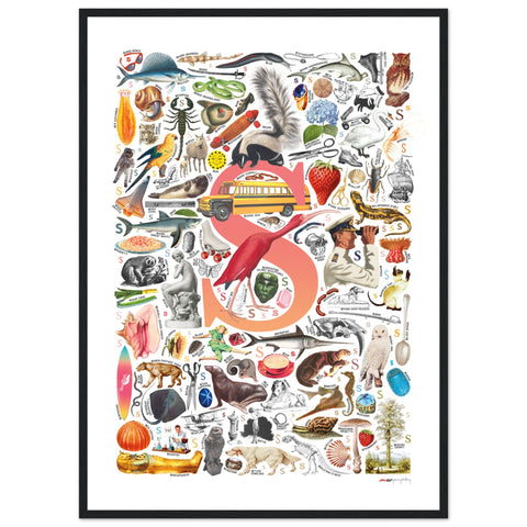 "S is for Surprise" — a Renard Roux alphabet poster with English S words (red version)