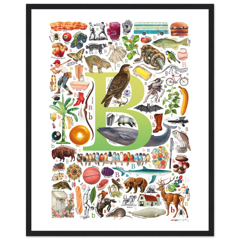 "B is for Brave" — a Renard Roux alphabet poster with English B words (chartreuse version)