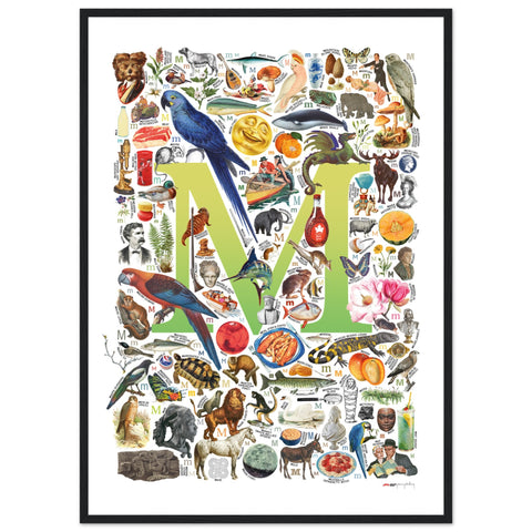 "M is for Magical" — a Renard Roux alphabet poster with English M words (chartreuse version)