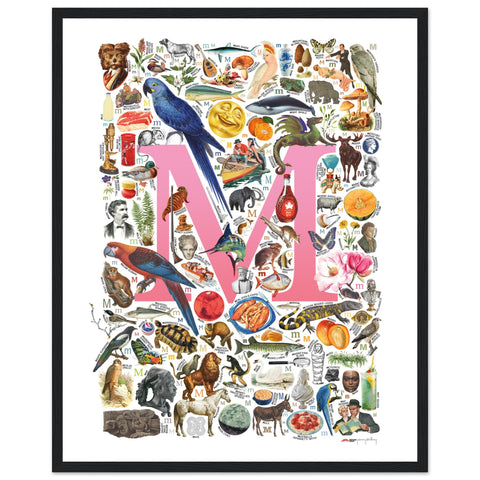"M is for Magical" — a Renard Roux alphabet poster with English M words (pink version)