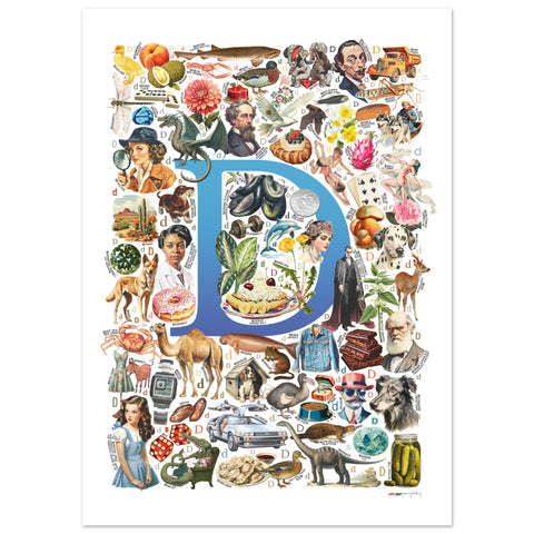 "D is for Discovery" — a Renard Roux alphabet poster with English D words (blue version)