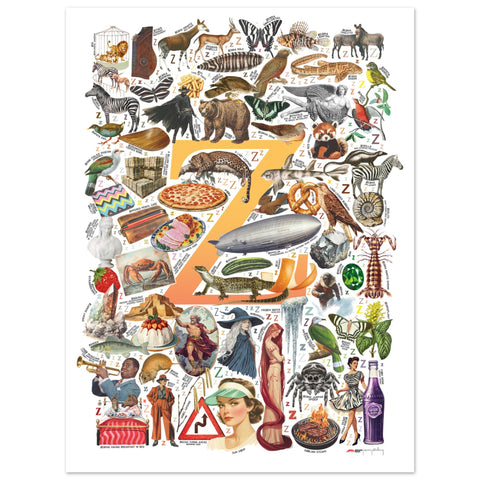"Z is for Zenith" — a Renard Roux alphabet poster with English Z words (yellow version)