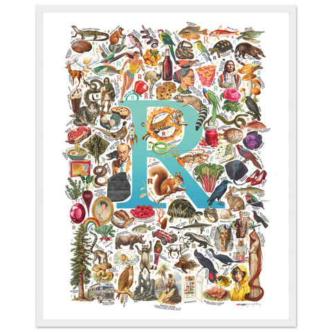 "R is for Remarkable" — a Renard Roux alphabet poster with English R words (turquoise version)