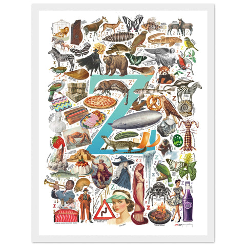 "Z is for Zenith" — a Renard Roux alphabet poster with English Z words (turquoise version)