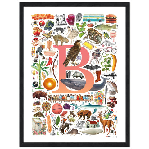 "B is for Brave" — a Renard Roux alphabet poster with English B words (red version)