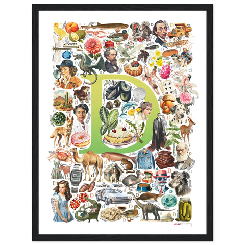 "D is for Discovery" — a Renard Roux alphabet poster with English D words (chartreuse version)