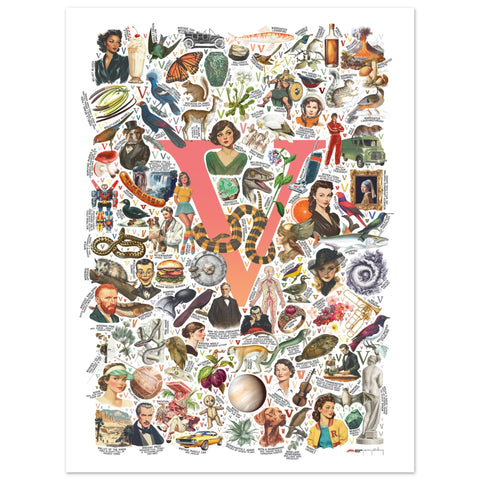 "V is for Voyage" — a Renard Roux alphabet poster with English V words (red version)