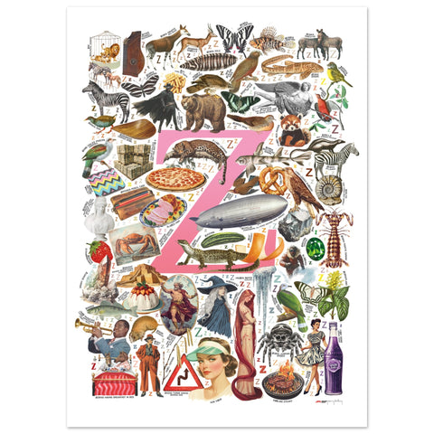 "Z is for Zenith" — a Renard Roux alphabet poster with English Z words (pink version)