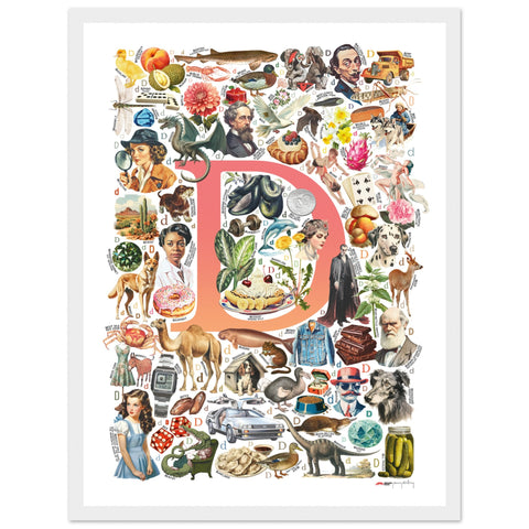 "D is for Discovery" — a Renard Roux alphabet poster with English D words (red version)