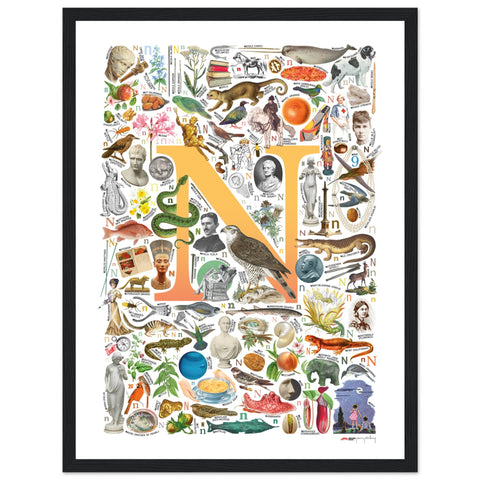"N is for Nature" — a Renard Roux alphabet poster with English N words (yellow version)
