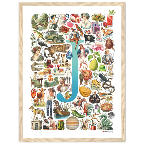 "J is for Journey" — a Renard Roux alphabet poster with English J words (turquoise version)