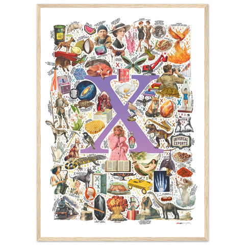 "X is for Xanadu" — a Renard Roux alphabet poster with English X words (purple version)