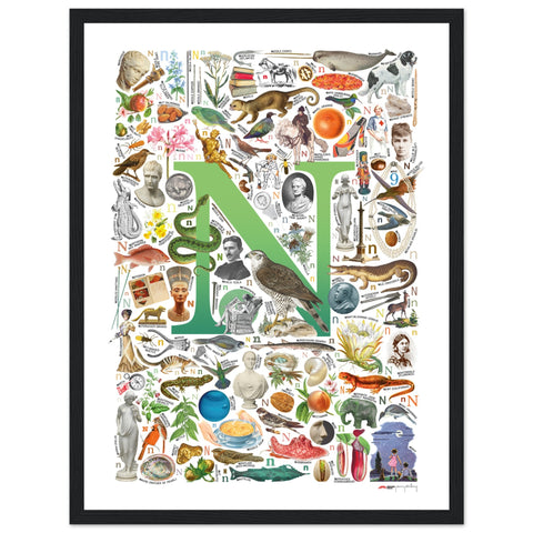 "N is for Nature" — a Renard Roux alphabet poster with English N words (green version)