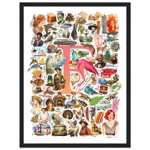 "F is for Festive" — a Renard Roux alphabet poster with English F words (red version)