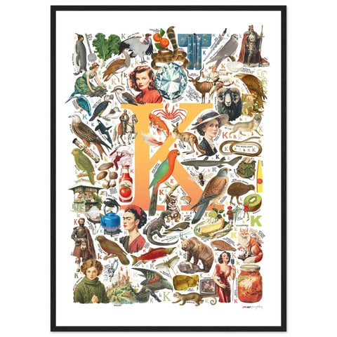 "K is for Keen" — a Renard Roux alphabet poster with English K words (yellow version)