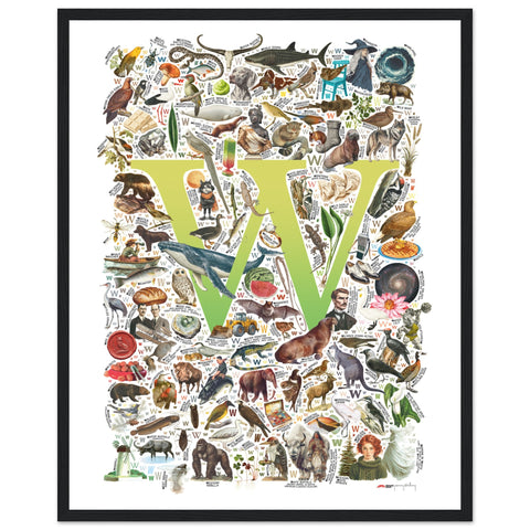 "W is for Wonder" — a Renard Roux alphabet poster with English W words (chartreuse version)
