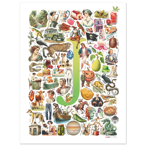 "J is for Journey" — a Renard Roux alphabet poster with English J words (chartreuse version)