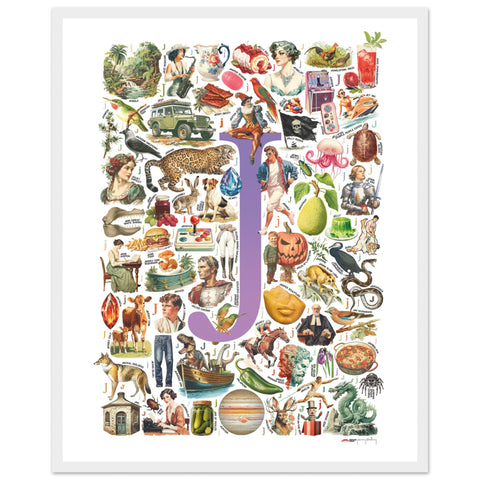 "J is for Journey" — a Renard Roux alphabet poster with English J words (purple version)