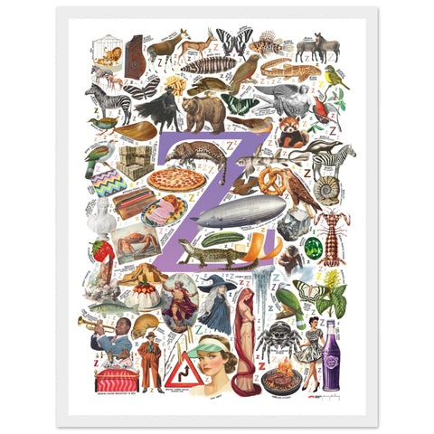 "Z is for Zenith" — a Renard Roux alphabet poster with English Z words (purple version)