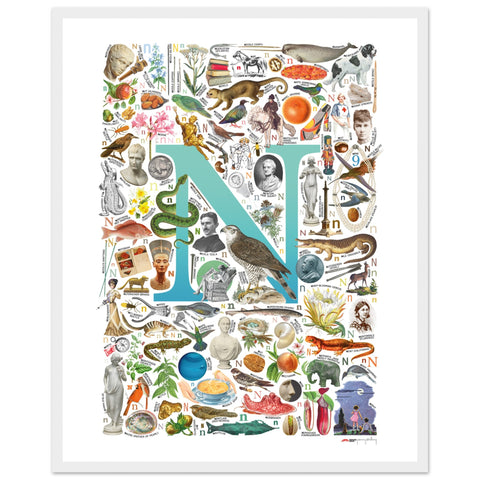 "N is for Nature" — a Renard Roux alphabet poster with English N words (turquoise version)