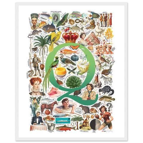 "Q is for Quest" — a Renard Roux alphabet poster with English Q words (green version)