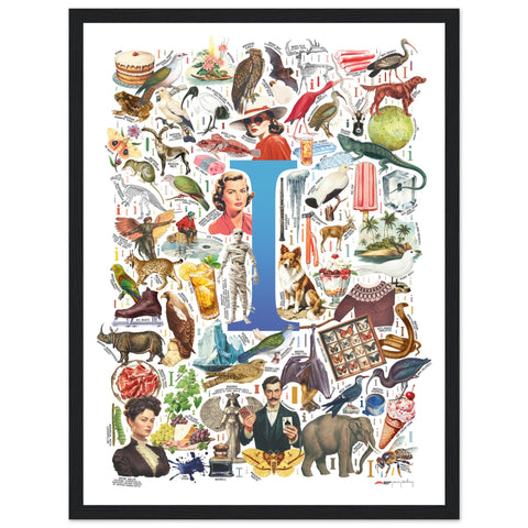 "I is for Imagination" — a Renard Roux alphabet poster with English I words (blue version)