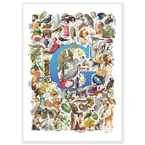 "G is for Great" — a Renard Roux alphabet poster with English G words (blue version)