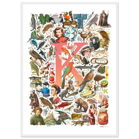 "K is for Keen" — a Renard Roux alphabet poster with English K words (red version)