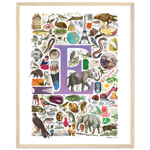 "E is for Explore" — a Renard Roux alphabet poster with English E words (purple version)