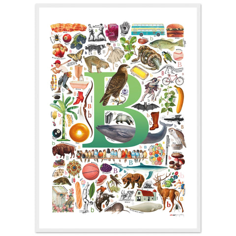 "B is for Brave" — a Renard Roux alphabet poster with English B words (green version)
