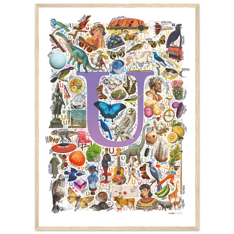 "U is for Unique" — a Renard Roux alphabet poster with English U words (purple version)