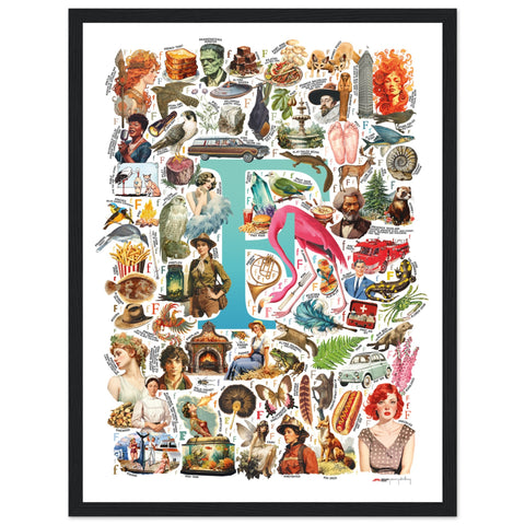 "F is for Festive" — a Renard Roux alphabet poster with English F words (turquoise version)