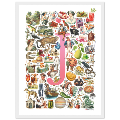 "J is for Journey" — a Renard Roux alphabet poster with English J words (pink version)