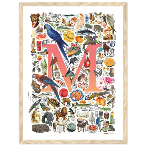 "M is for Magical" — a Renard Roux alphabet poster with English M words (red version)