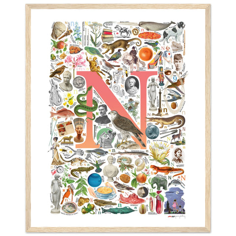 "N is for Nature" — a Renard Roux alphabet poster with English N words (red version)