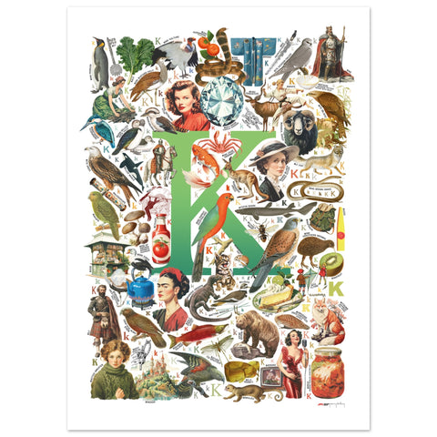 "K is for Keen" — a Renard Roux alphabet poster with English K words (green version)