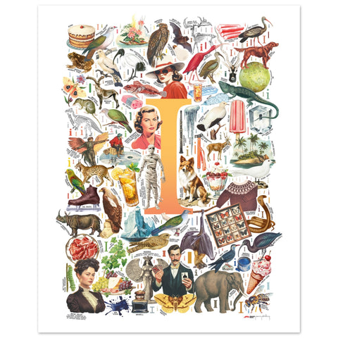 "I is for Imagination" — a Renard Roux alphabet poster with English I words (yellow version)
