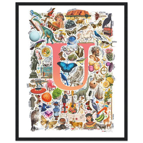 "U is for Unique" — a Renard Roux alphabet poster with English U words (red version)