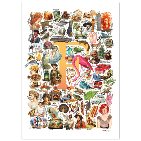 "F is for Festive" — a Renard Roux alphabet poster with English F words (yellow version)
