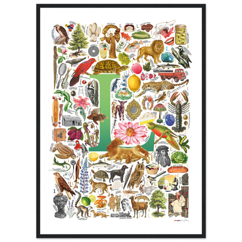 "L is for Learning" — a Renard Roux alphabet poster with English L words (green version)