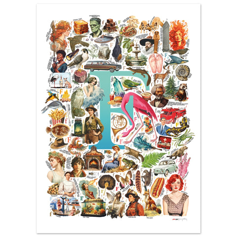 "F is for Festive" — a Renard Roux alphabet poster with English F words (turquoise version)