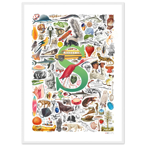 "S is for Surprise" — a Renard Roux alphabet poster with English S words (green version)